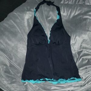 Chic Black Halter Top with Teal Trim